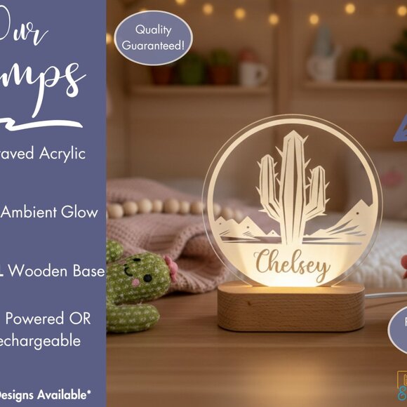 Personalized Cactus Night Light – Custom LED Lamp Kids Room Decor - Picture 3 of 8